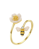 Anel prata 925  esterlina e ouro 18k flor  margarida com abelha