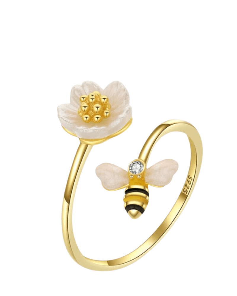 Anel prata 925  esterlina e ouro 18k flor  margarida com abelha