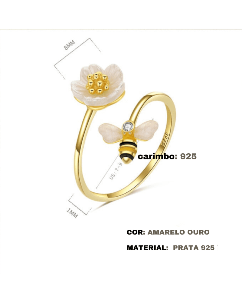 Anel de prata 925 banhado ouro 18k flor margarida e abelha