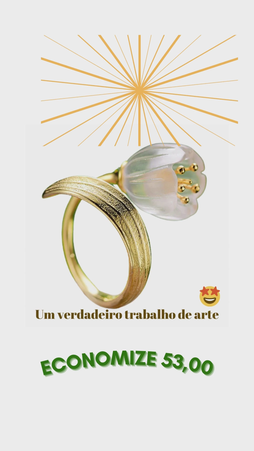 Anel artesanal ouro acetinado 18K flor de lírio do Vale | Ajustável
